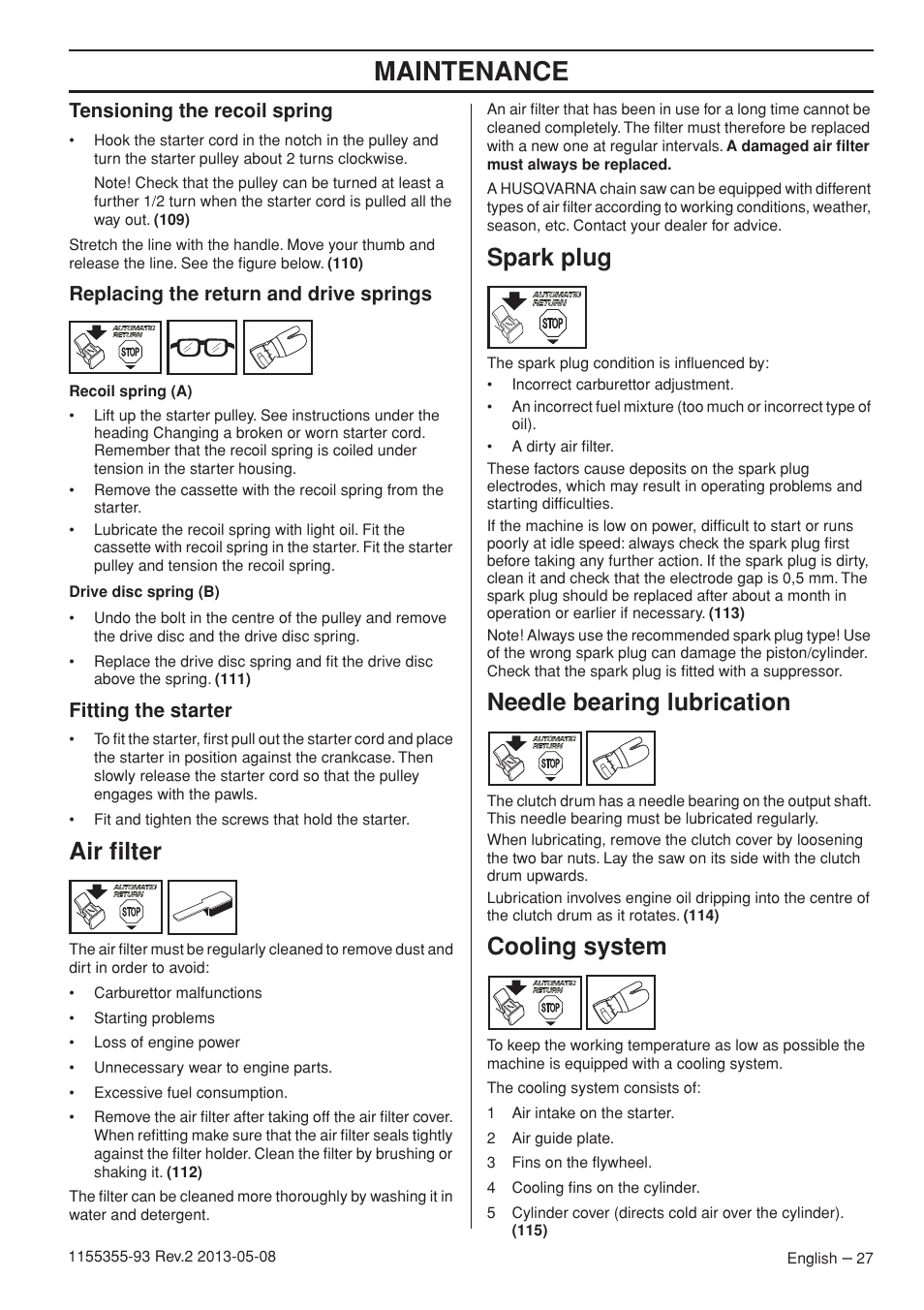 Maintenance, Air filter, Spark plug | Needle bearing lubrication, Cooling system, Tensioning the recoil spring, Replacing the return and drive springs, Fitting the starter | Husqvarna 440eII User Manual | Page 27 / 366