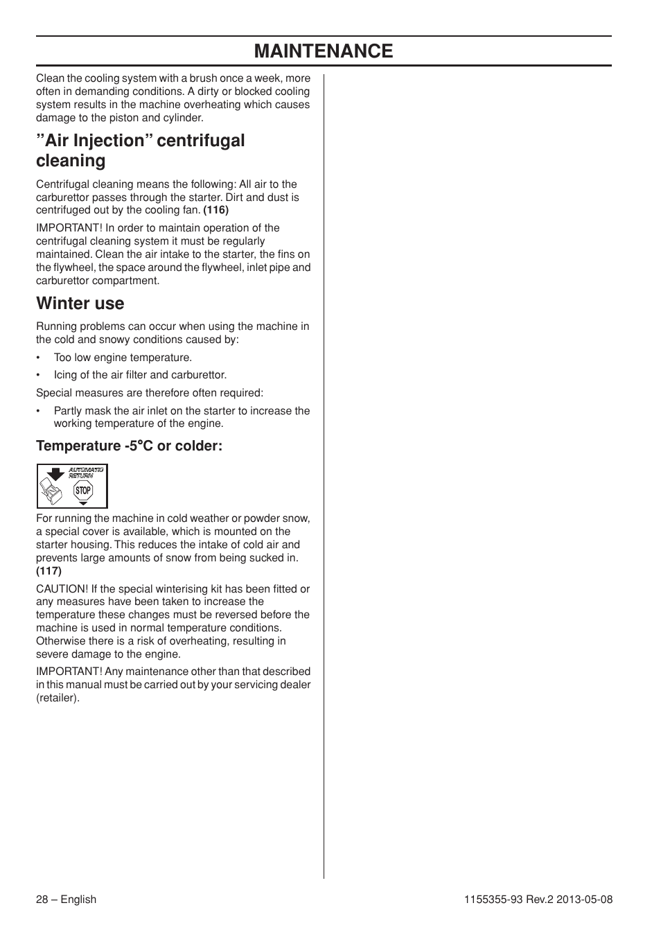 Maintenance, Air injection” centrifugal cleaning, Winter use | Husqvarna 440eII User Manual | Page 28 / 366