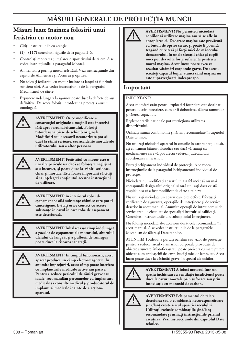 Important, Mâsuri generale de protecöia muncii | Husqvarna 440eII User Manual | Page 308 / 366