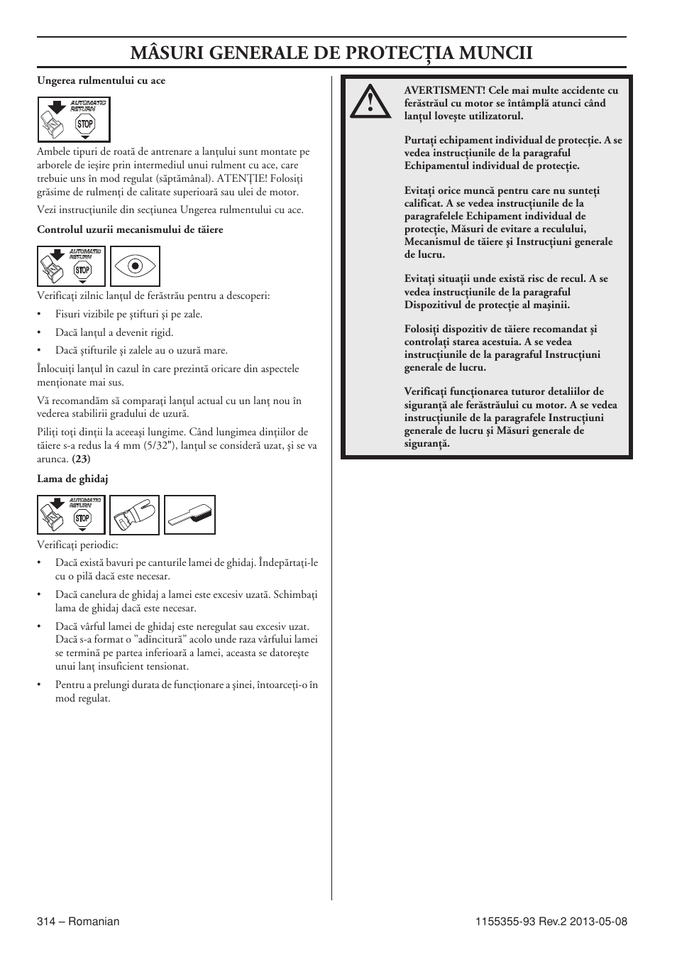 Mâsuri generale de protecöia muncii | Husqvarna 440eII User Manual | Page 314 / 366