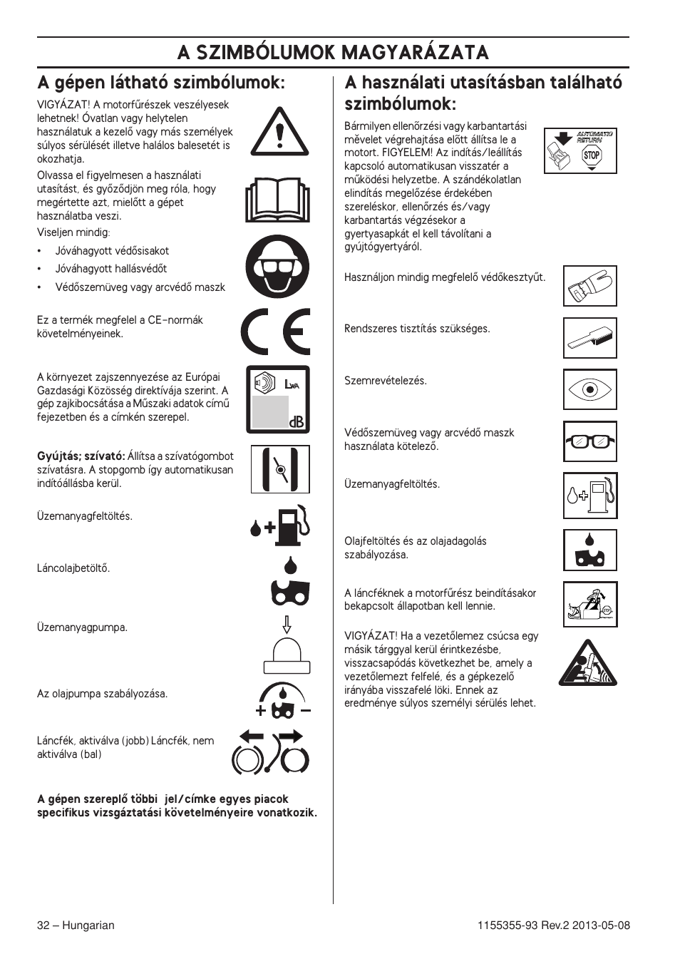 A gépen látható szimbólumok, A használati utasításban található szimbólumok, A szimbólumok magyarázata | Husqvarna 440eII User Manual | Page 32 / 366