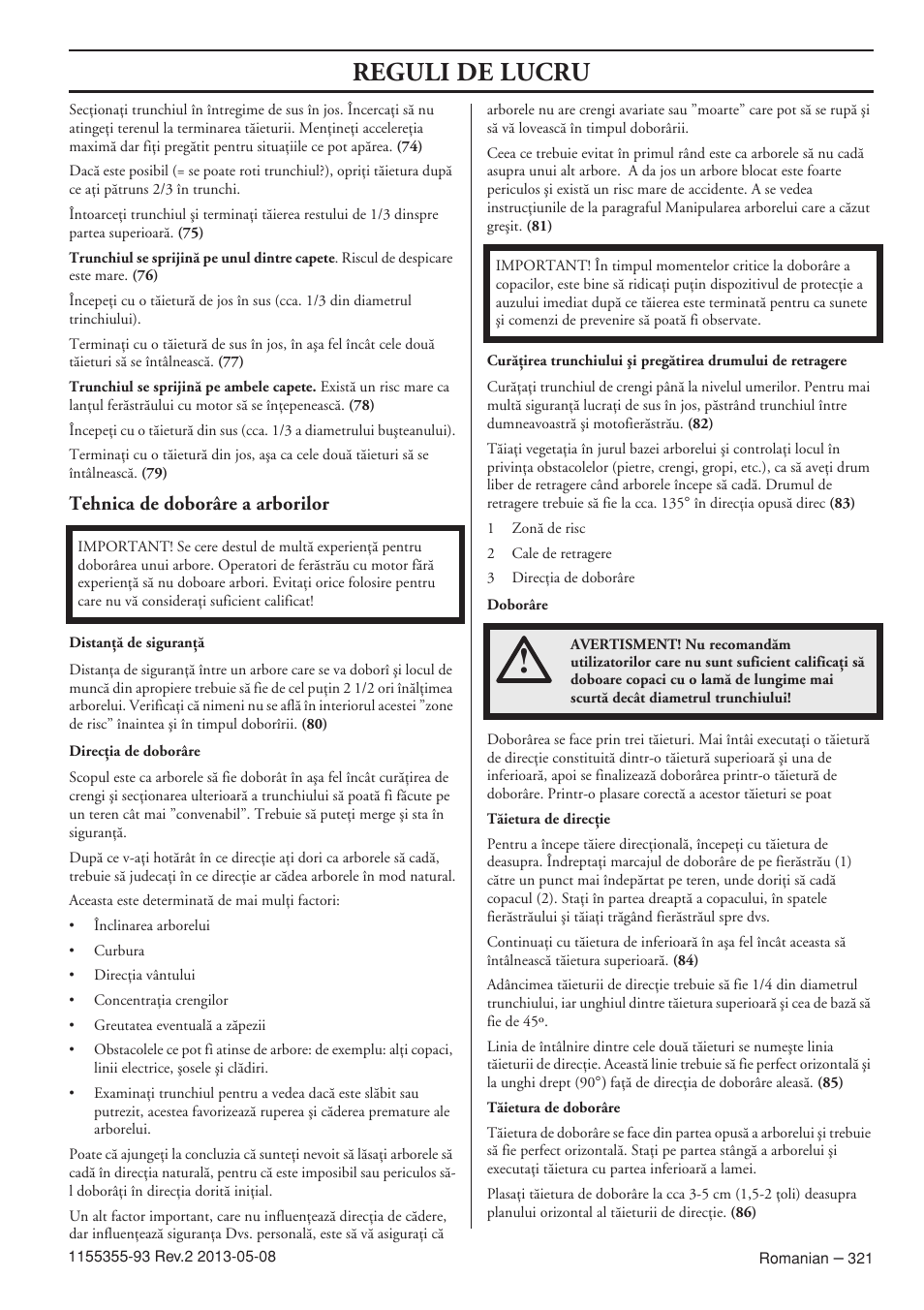 Tehnica de doborâre a arborilor, Reguli de lucru | Husqvarna 440eII User Manual | Page 321 / 366