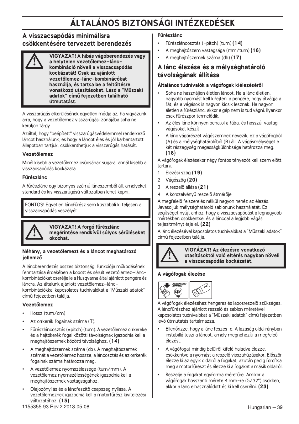 Általános biztonsági intézkedések | Husqvarna 440eII User Manual | Page 39 / 366