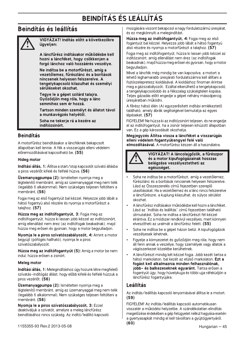 Beindítás és leállítás, Beindítás, Leállítás | Husqvarna 440eII User Manual | Page 45 / 366