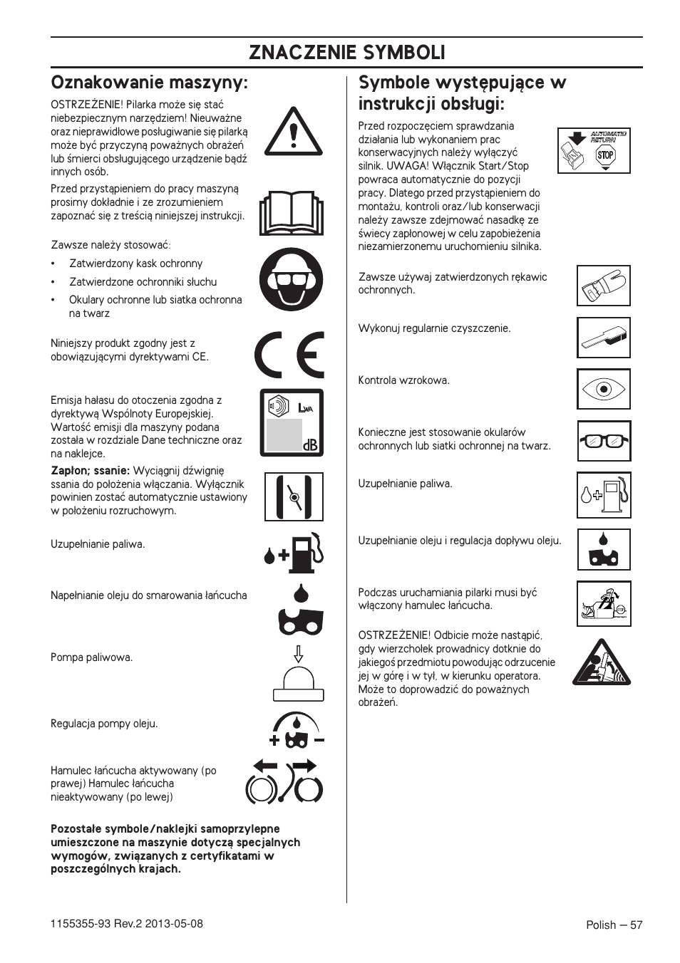 Oznakowanie maszyny, Symbole wyst´pujàce w instrukcji obs¸ugi, Znaczenie symboli | Symbole wyst´pujàce w instrukcji obs∏ugi | Husqvarna 440eII User Manual | Page 57 / 366