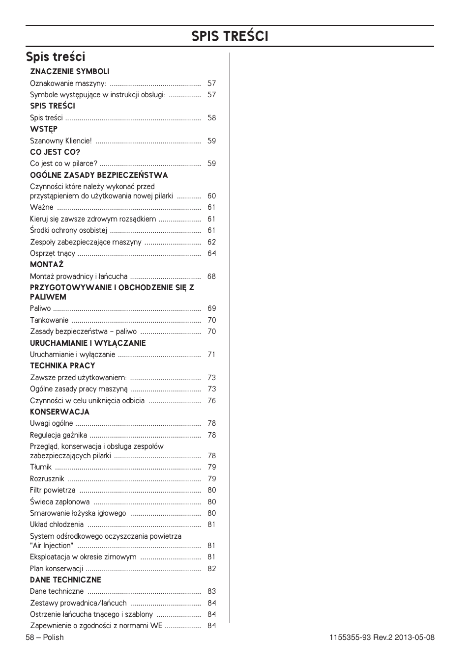 Spis treêci, Spis treâci | Husqvarna 440eII User Manual | Page 58 / 366