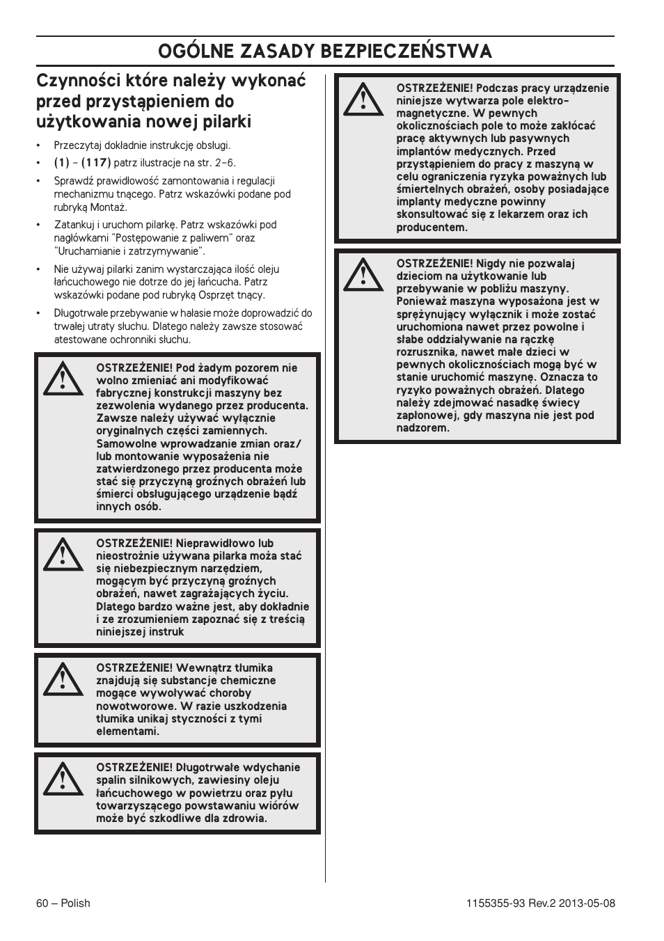 Ogólne zasady bezpiecze¡stwa | Husqvarna 440eII User Manual | Page 60 / 366