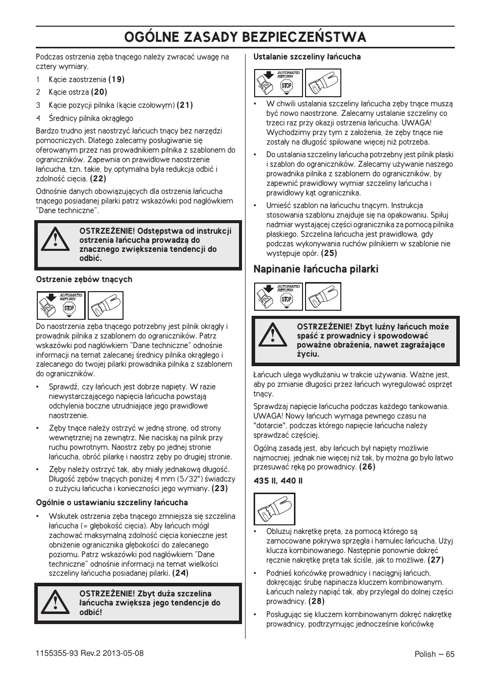 Napinanie ¸aƒcucha pilarki, Ogólne zasady bezpiecze¡stwa, Napinanie ∏aƒcucha pilarki | Husqvarna 440eII User Manual | Page 65 / 366