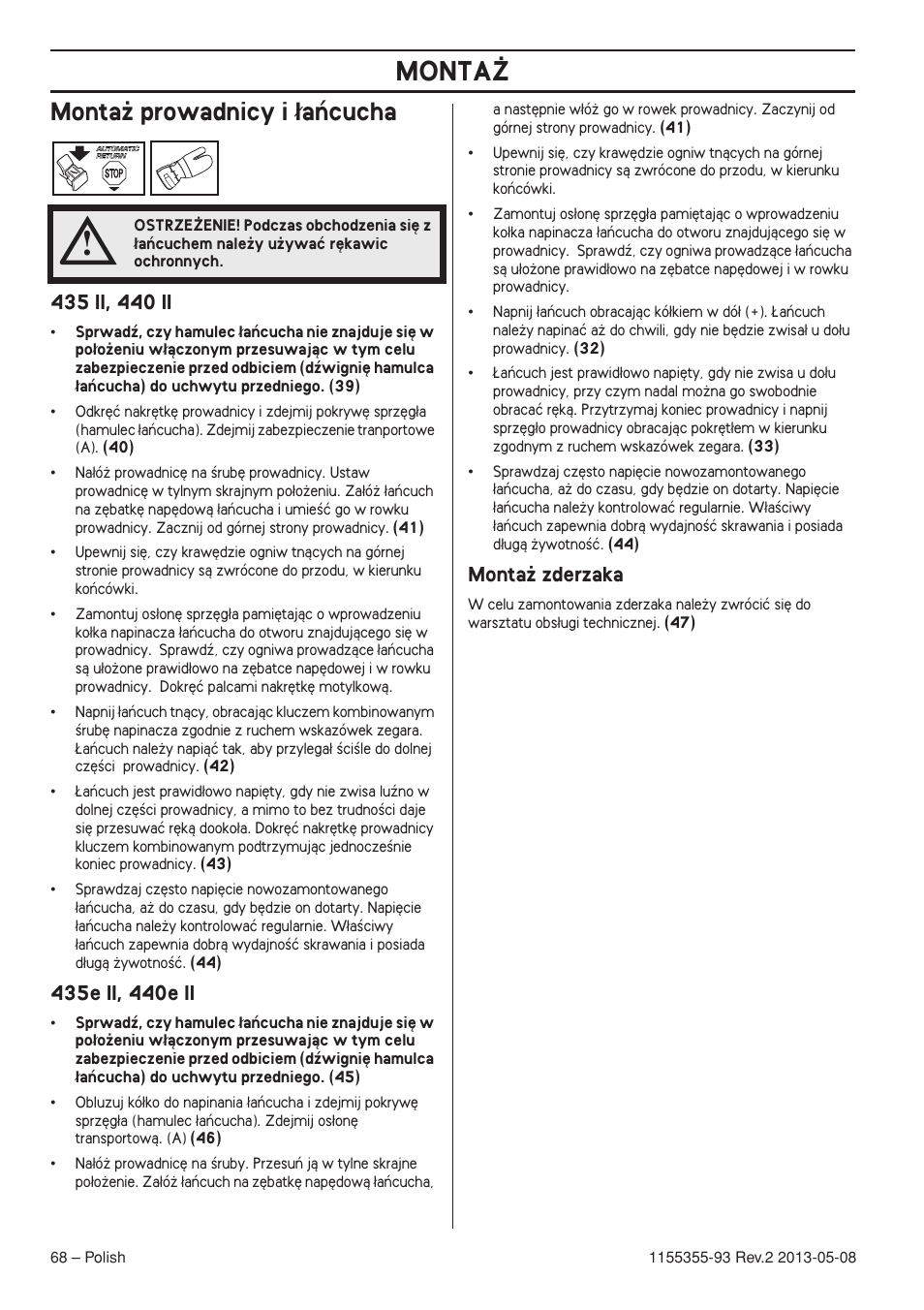 Monta˝ prowadnicy i ¸aƒcucha, 435 ii, 440 ii, 435e ii, 440e ii | Monta˝ zderzaka, Monta, Monta˝ prowadnicy i ∏aƒcucha | Husqvarna 440eII User Manual | Page 68 / 366
