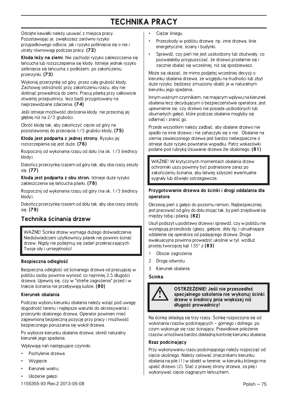 Technika êcinania drzew, Technika pracy | Husqvarna 440eII User Manual | Page 75 / 366