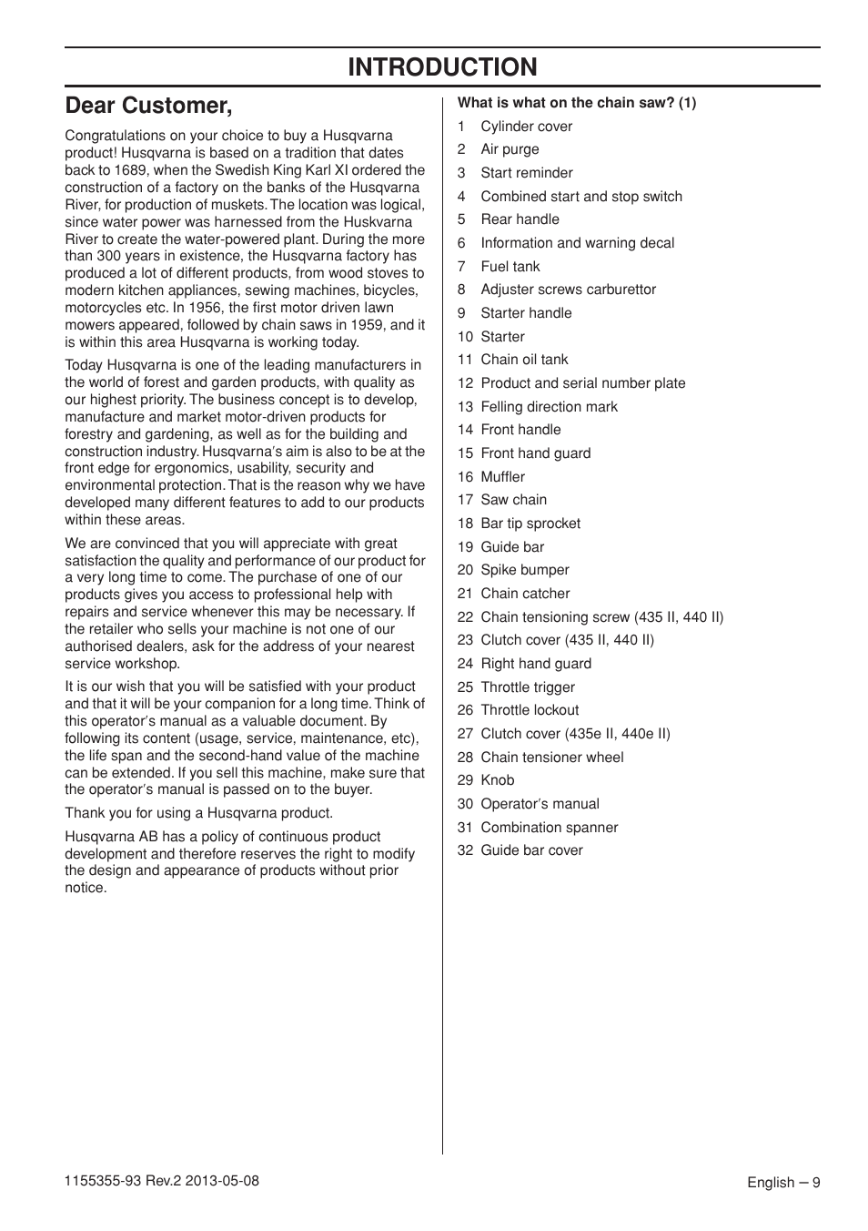 Introduction, Dear customer | Husqvarna 440eII User Manual | Page 9 / 366