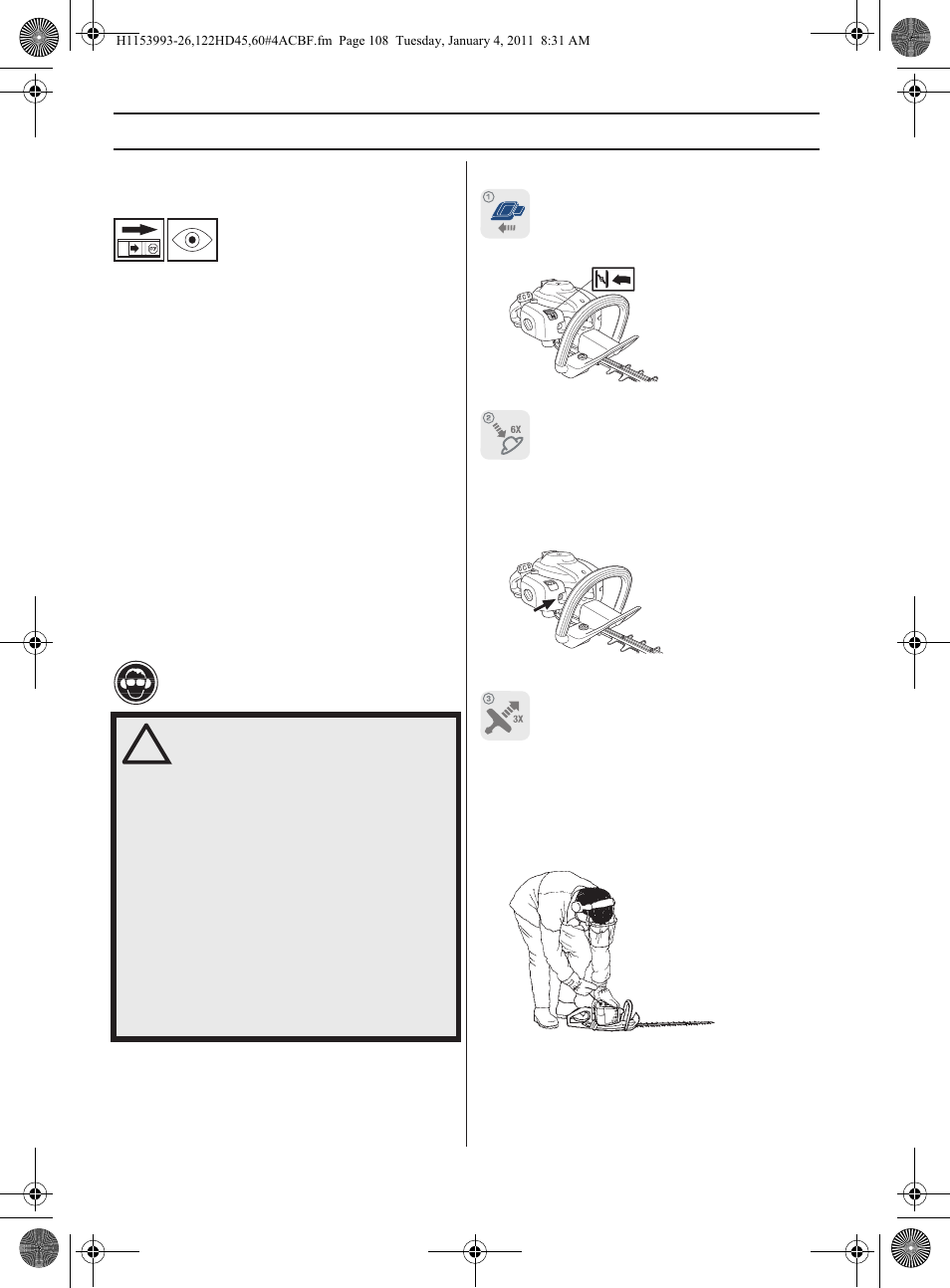 Démarrage et arrêt, Contrôles avant la mise en marche | Husqvarna 122HD60 User Manual | Page 108 / 532