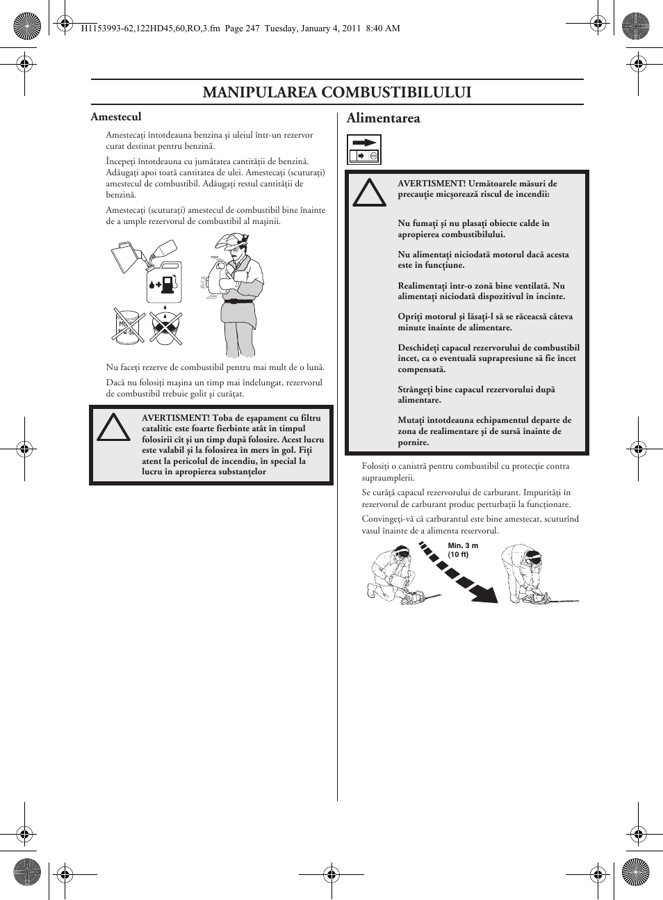 Manipularea combustibilului, Alimentarea | Husqvarna 122HD60 User Manual | Page 247 / 532