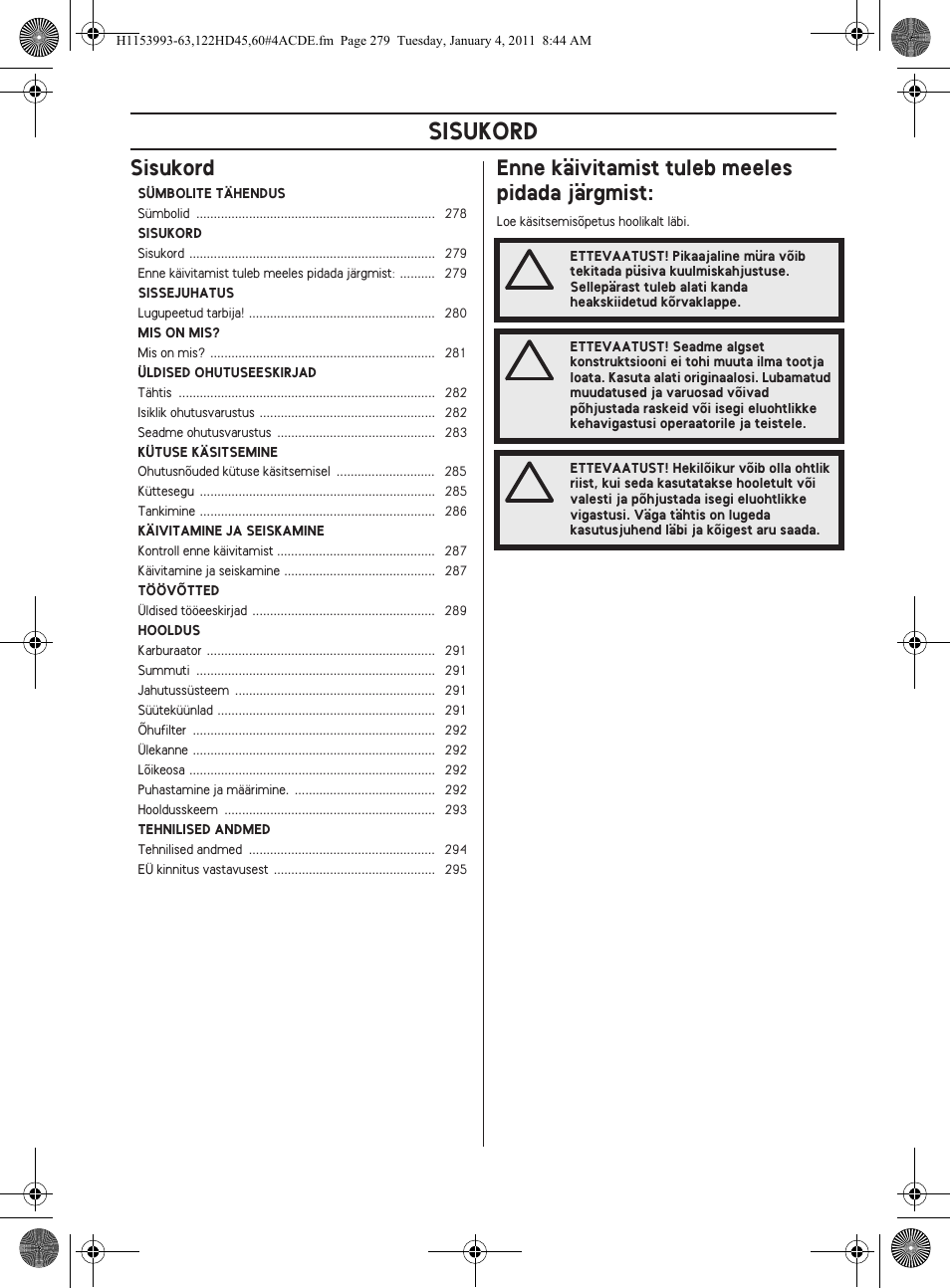 Sisukord | Husqvarna 122HD60 User Manual | Page 279 / 532