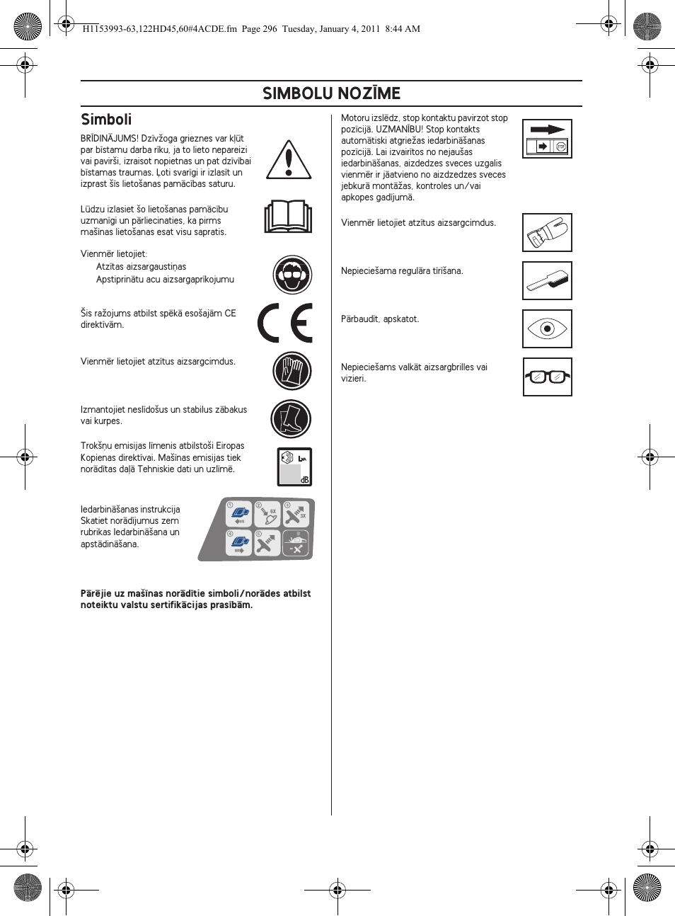 Simbolu noz±me, Simboli | Husqvarna 122HD60 User Manual | Page 296 / 532