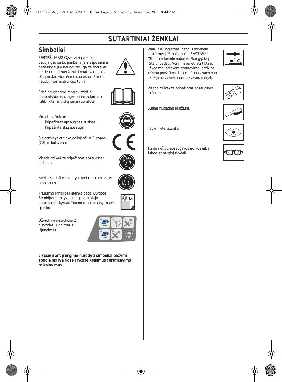 Sutartiniai îenklai, Simboliai | Husqvarna 122HD60 User Manual | Page 315 / 532