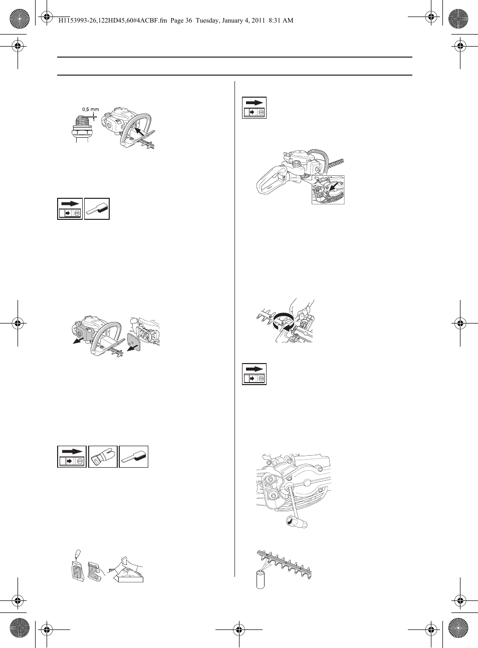 Underhåll, Luftfilter, Växel | Klippaggregat, Rengöring och smörjning | Husqvarna 122HD60 User Manual | Page 36 / 532