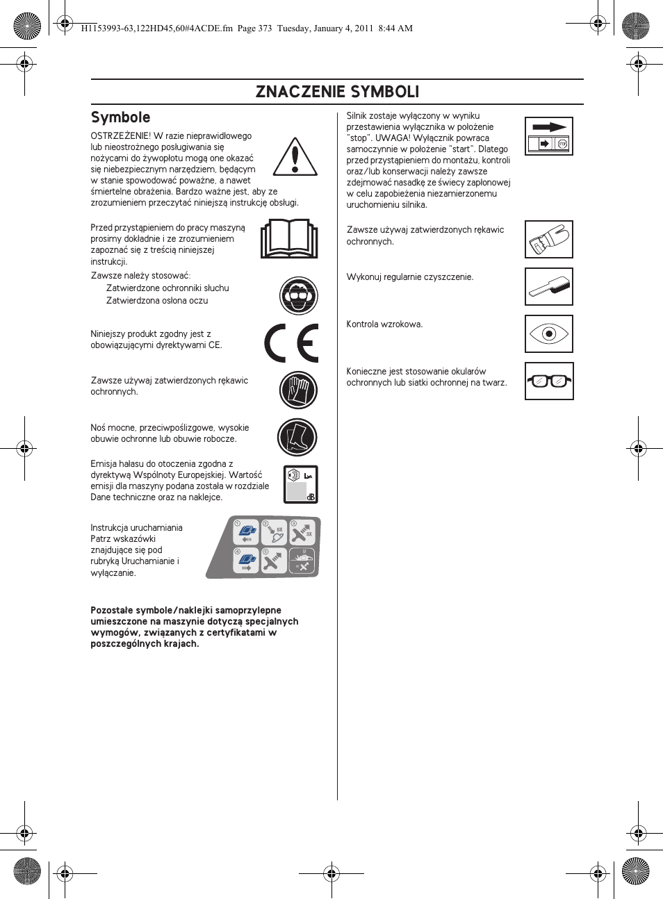 Znaczenie symboli, Symbole | Husqvarna 122HD60 User Manual | Page 373 / 532