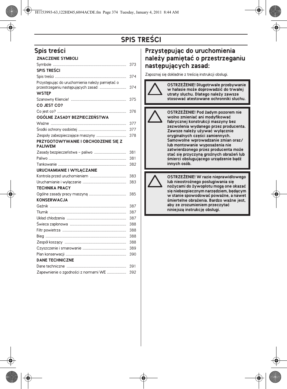 Spis treâci | Husqvarna 122HD60 User Manual | Page 374 / 532