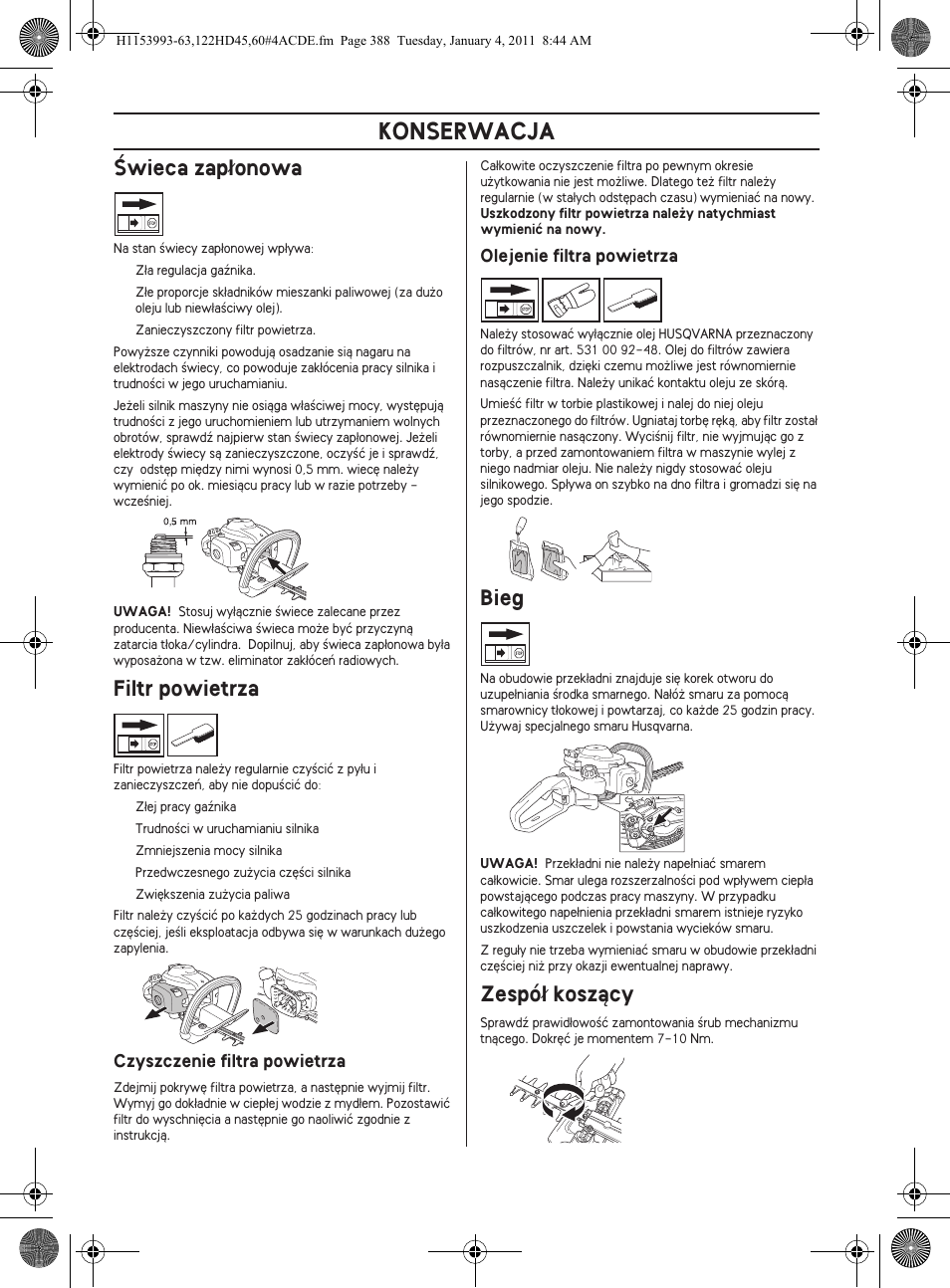 Konserwacja, Âwieca zap∏onowa, Filtr powietrza | Bieg, Zespó∏ koszàcy | Husqvarna 122HD60 User Manual | Page 388 / 532