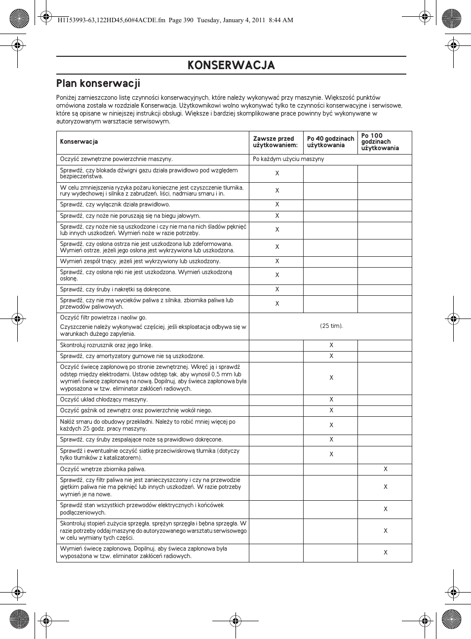 Konserwacja, Plan konserwacji | Husqvarna 122HD60 User Manual | Page 390 / 532