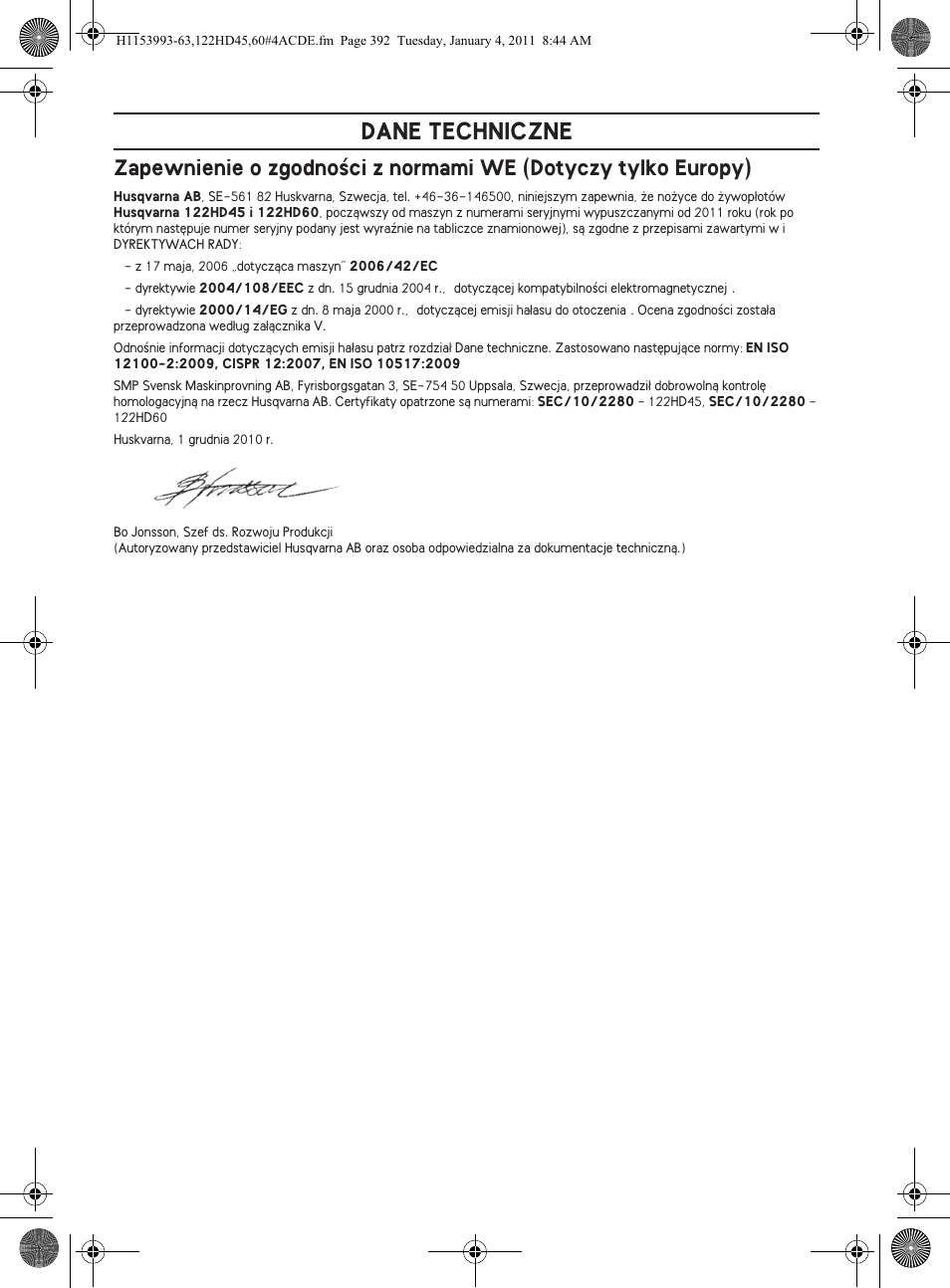 Dane techniczne | Husqvarna 122HD60 User Manual | Page 392 / 532