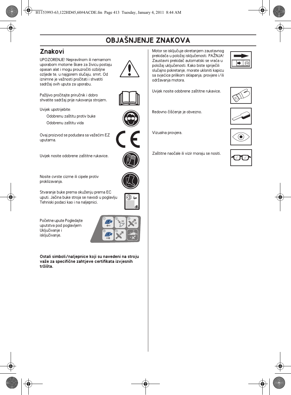 Obja·njenje znakova, Znakovi | Husqvarna 122HD60 User Manual | Page 413 / 532