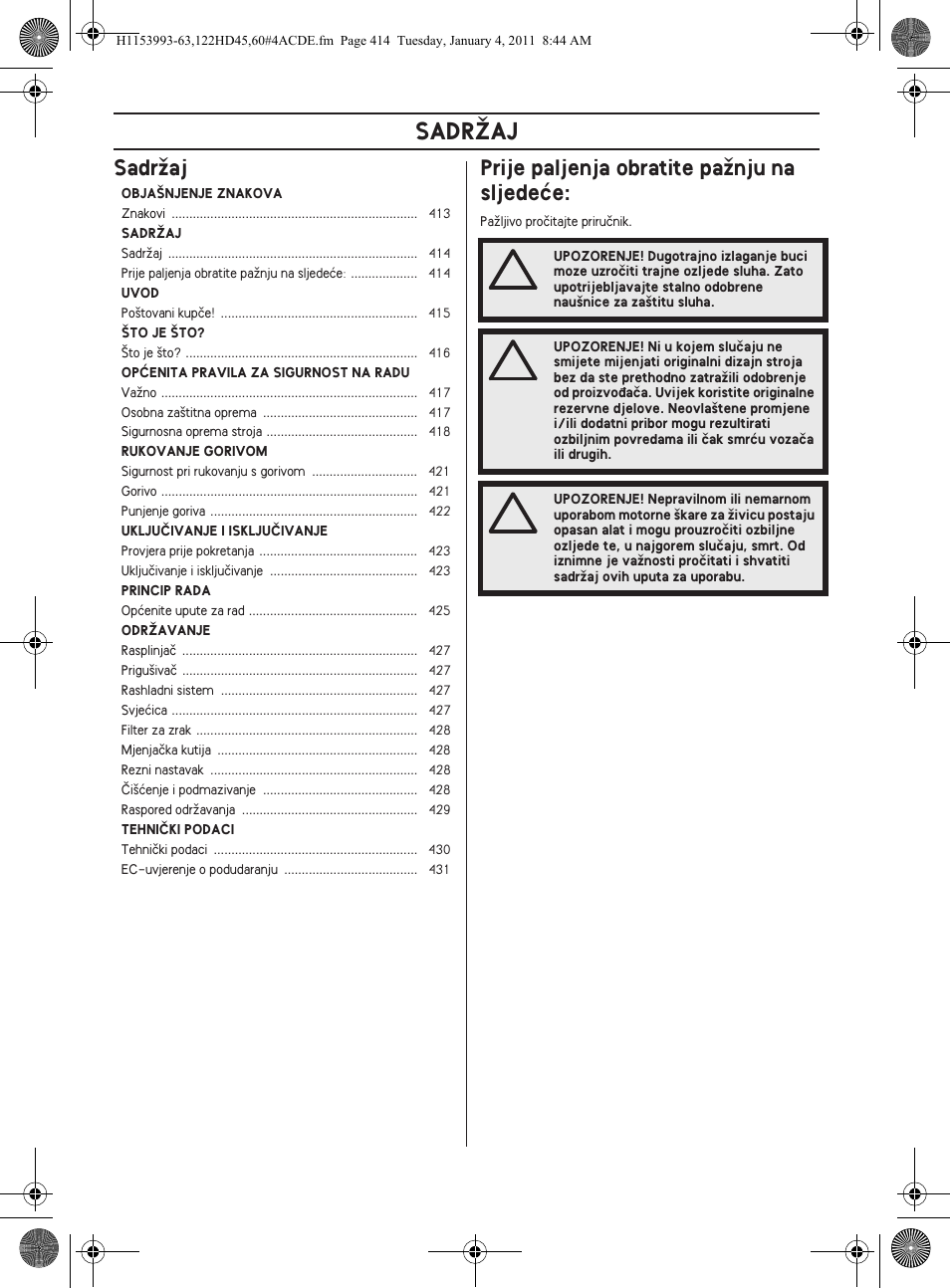 Sadrîaj, Sadrïaj prije paljenja obratite païnju na sljedeçe | Husqvarna 122HD60 User Manual | Page 414 / 532