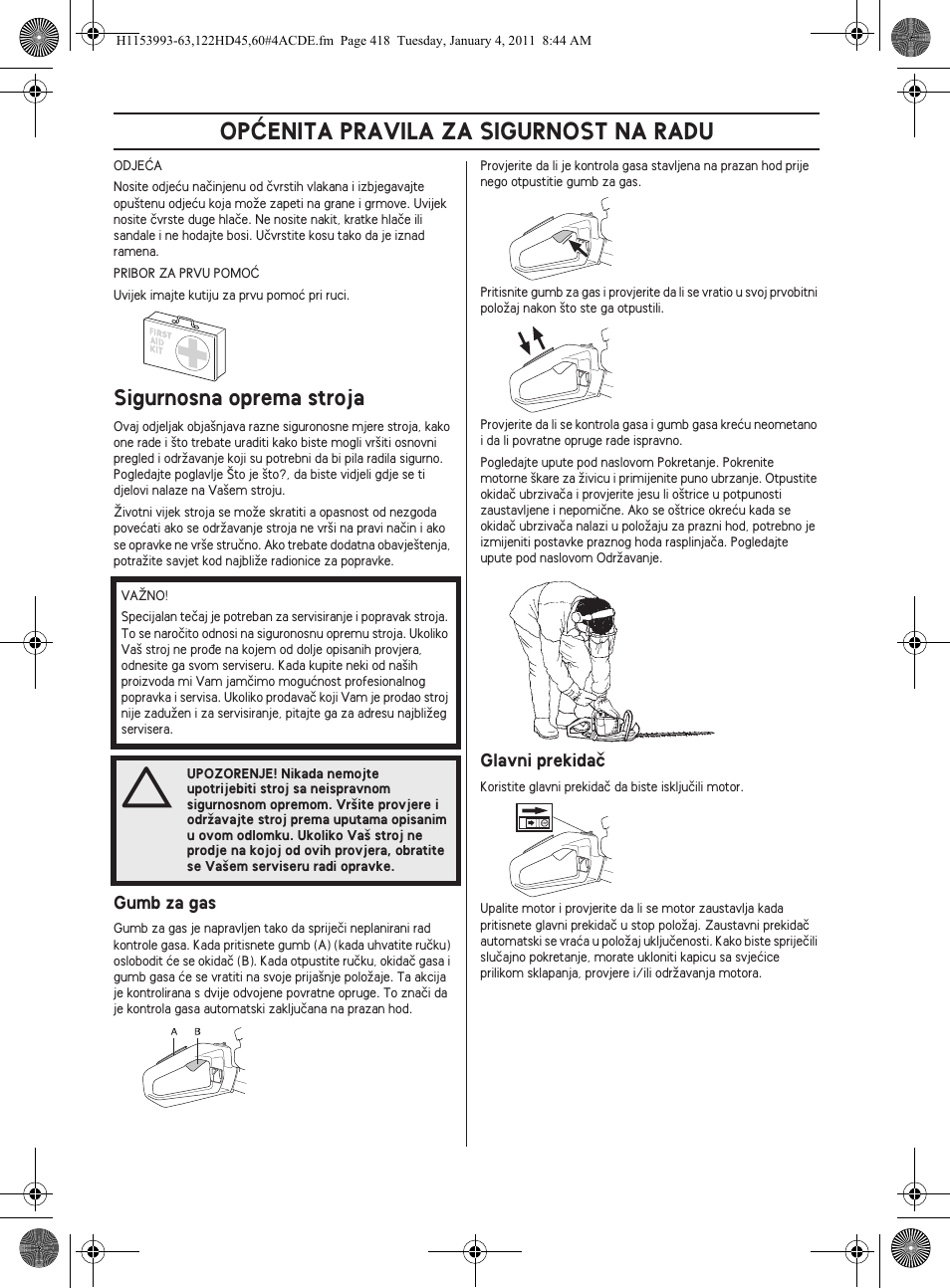 Opåenita pravila za sigurnost na radu, Sigurnosna oprema stroja | Husqvarna 122HD60 User Manual | Page 418 / 532