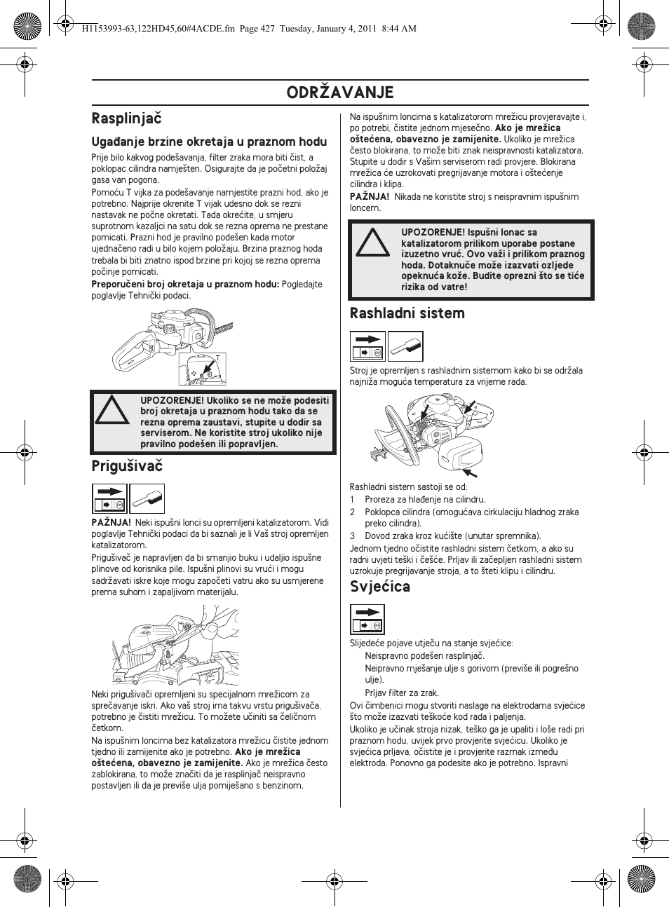 Odrîavanje, Rasplinjaã, Prigu‰ivaã | Rashladni sistem, Svjeçica | Husqvarna 122HD60 User Manual | Page 427 / 532