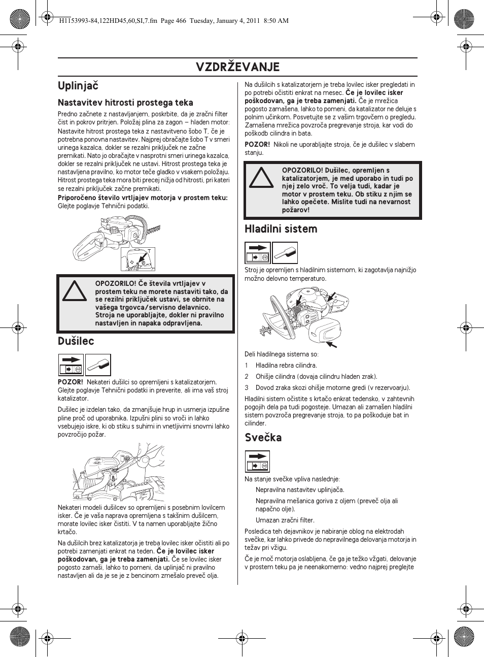 Vzdrîevanje, Uplinjaã, Du‰ilec | Hladilni sistem, Sveãka | Husqvarna 122HD60 User Manual | Page 466 / 532