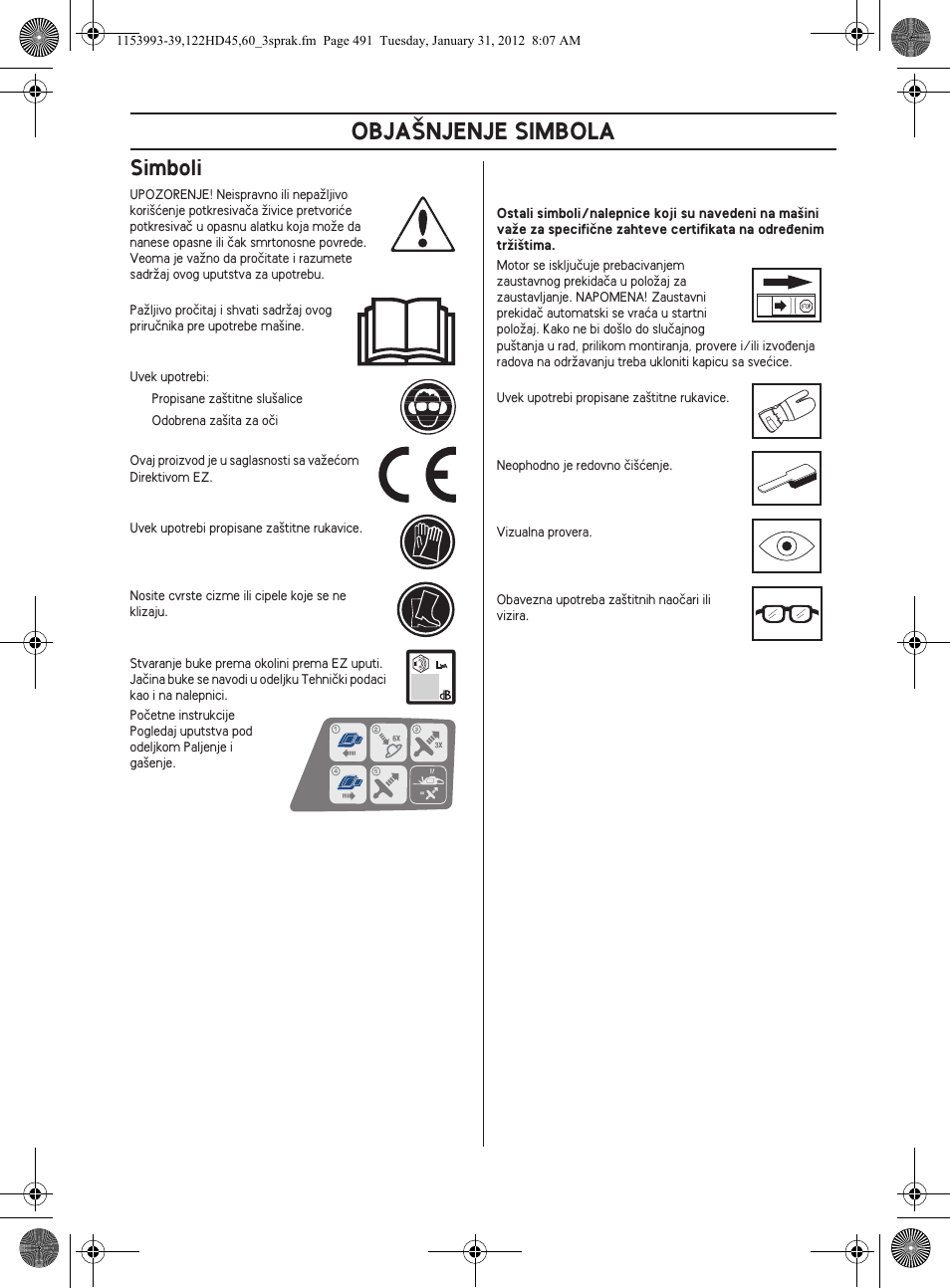 Obja·njenje simbola, Simboli | Husqvarna 122HD60 User Manual | Page 491 / 532