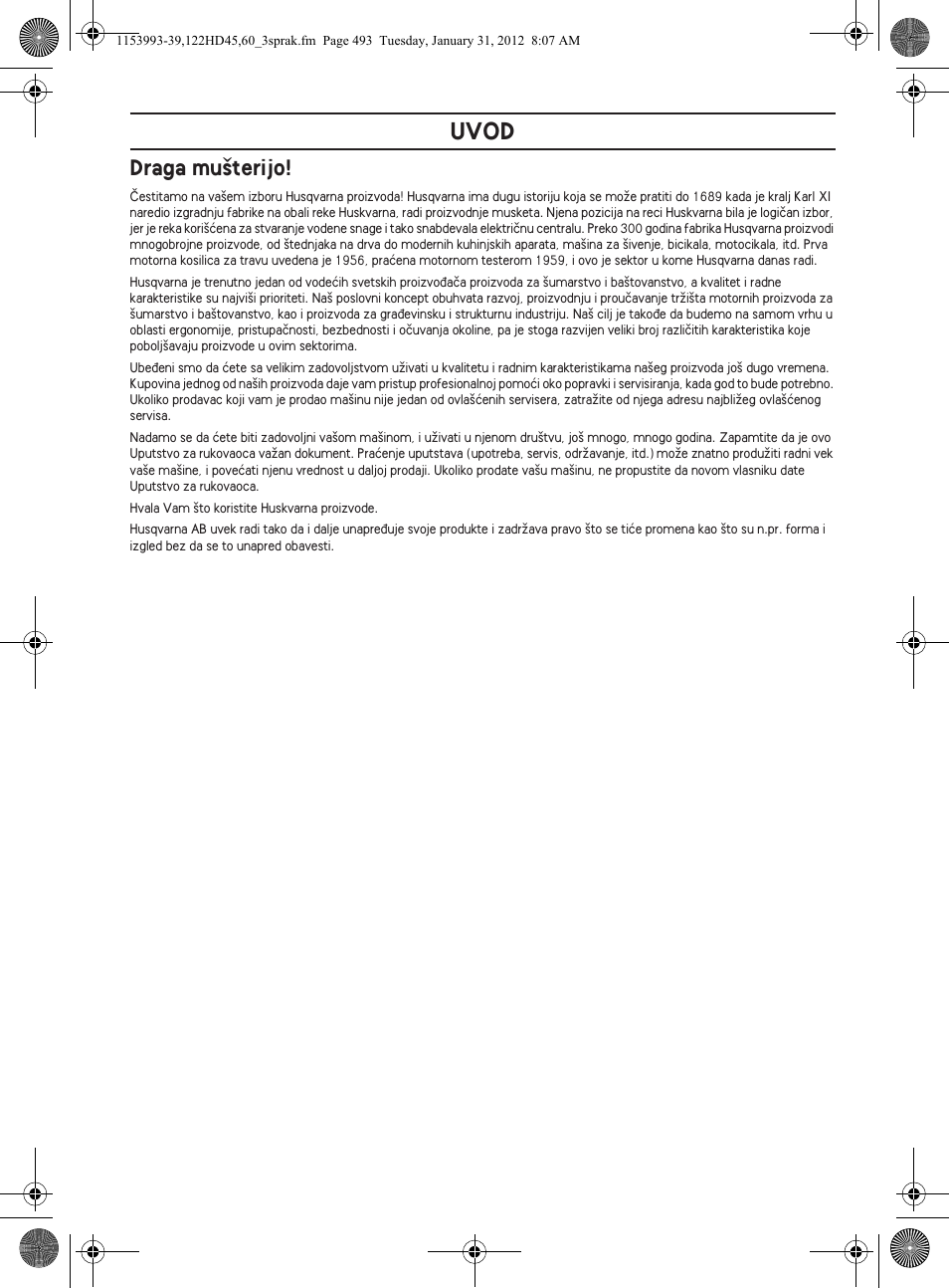 Uvod, Draga mu‰terijo | Husqvarna 122HD60 User Manual | Page 493 / 532