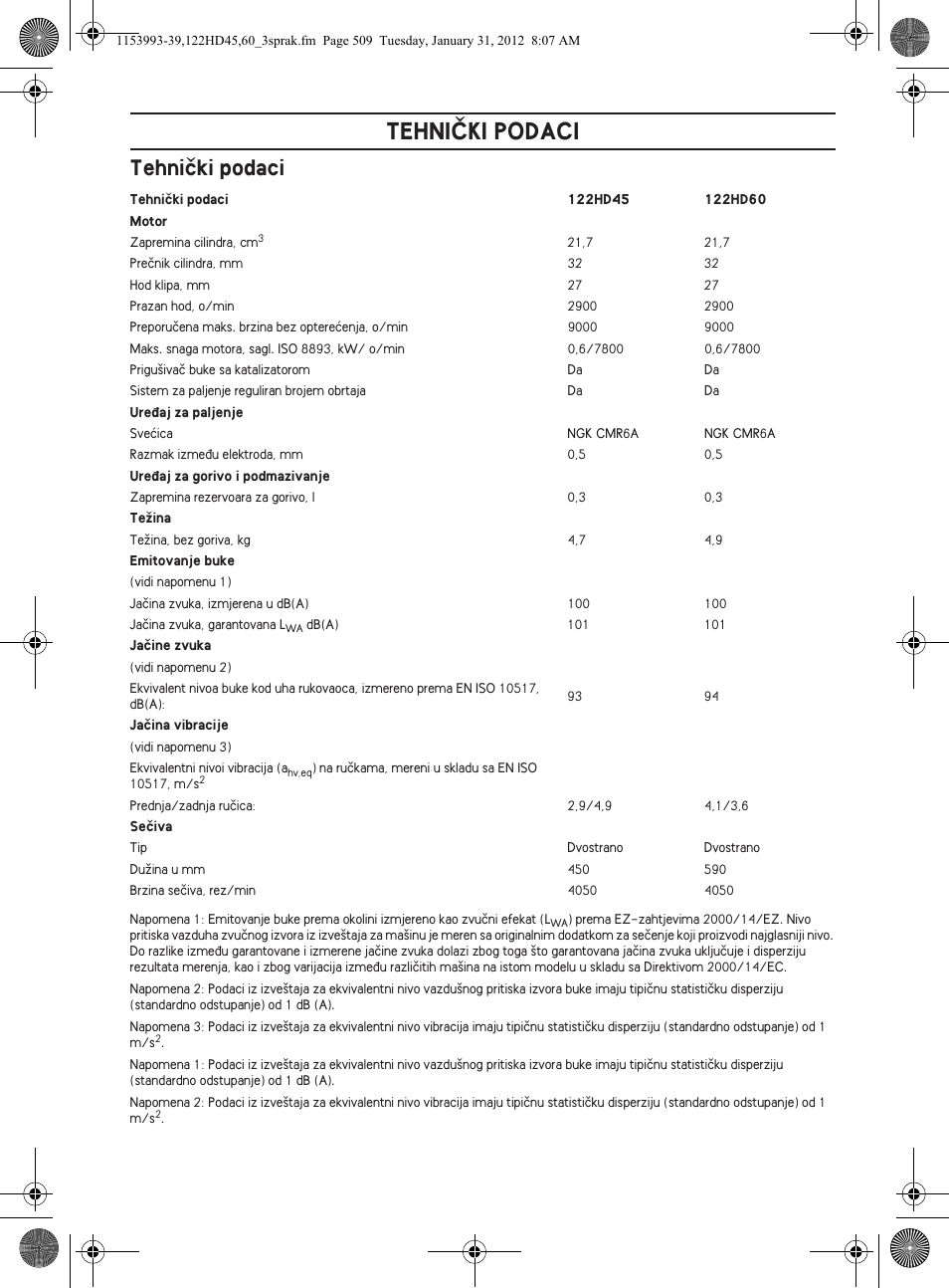 Tehniâki podaci, Tehniãki podaci | Husqvarna 122HD60 User Manual | Page 509 / 532