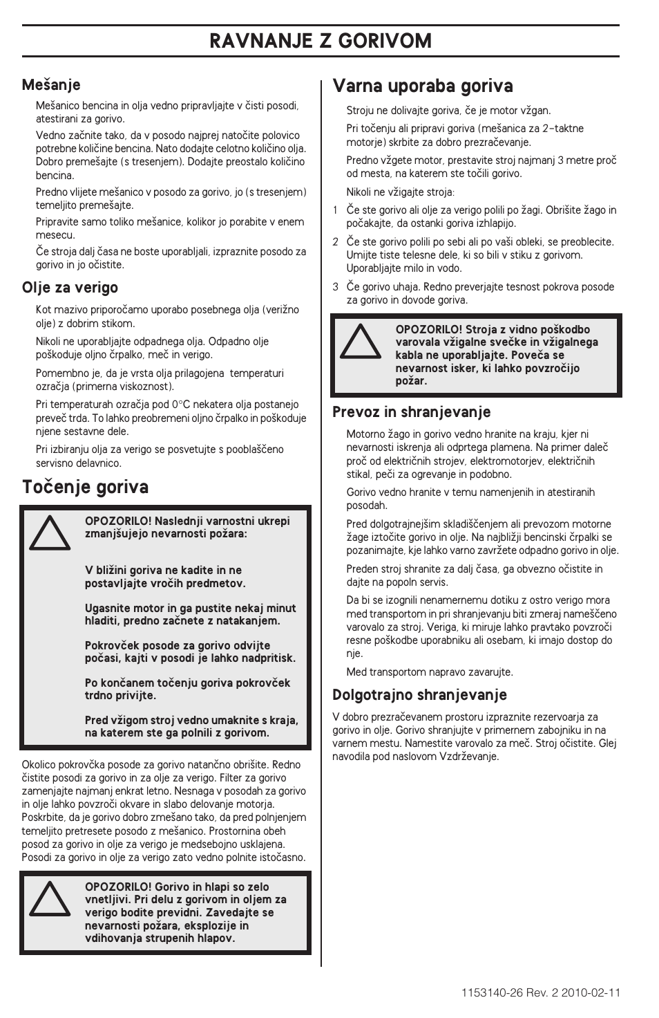 Ravnanje z gorivom, Toãenje goriva, Varna uporaba goriva | Husqvarna 240e User Manual | Page 224 / 464