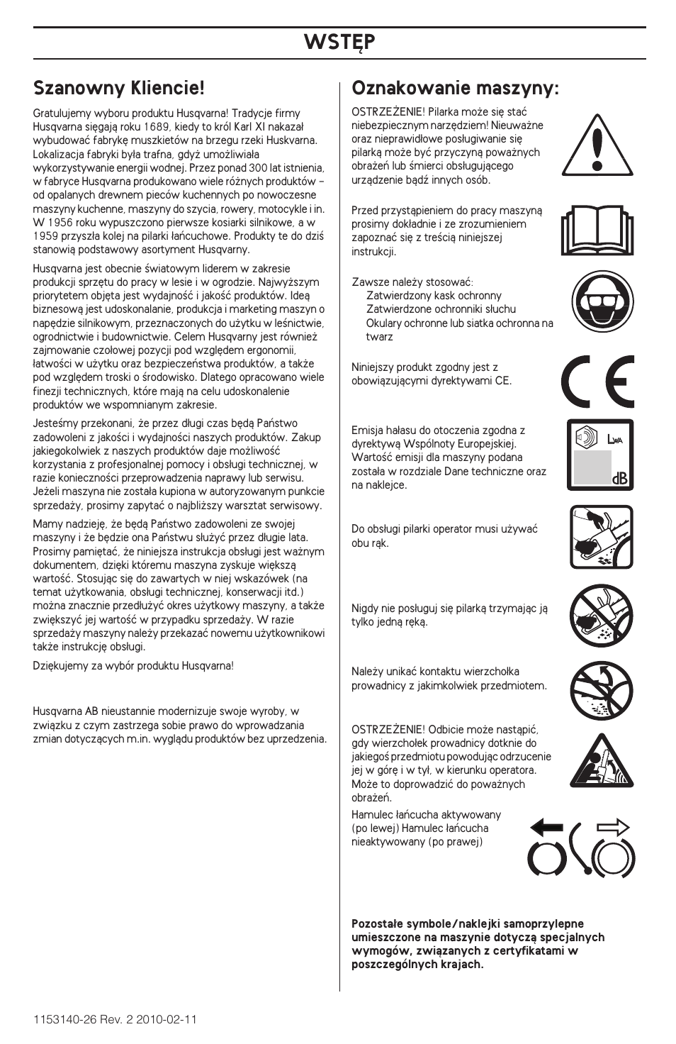 Szanowny kliencie, Oznakowanie maszyny, Wst¢p | Husqvarna 240e User Manual | Page 253 / 464