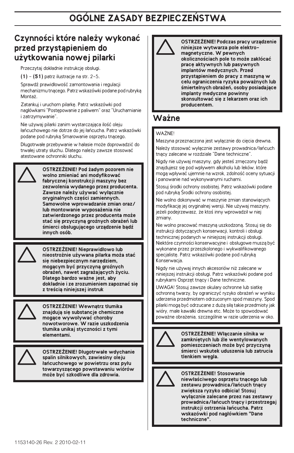 Wa˝ne, Ogólne zasady bezpiecze¡stwa | Husqvarna 240e User Manual | Page 255 / 464