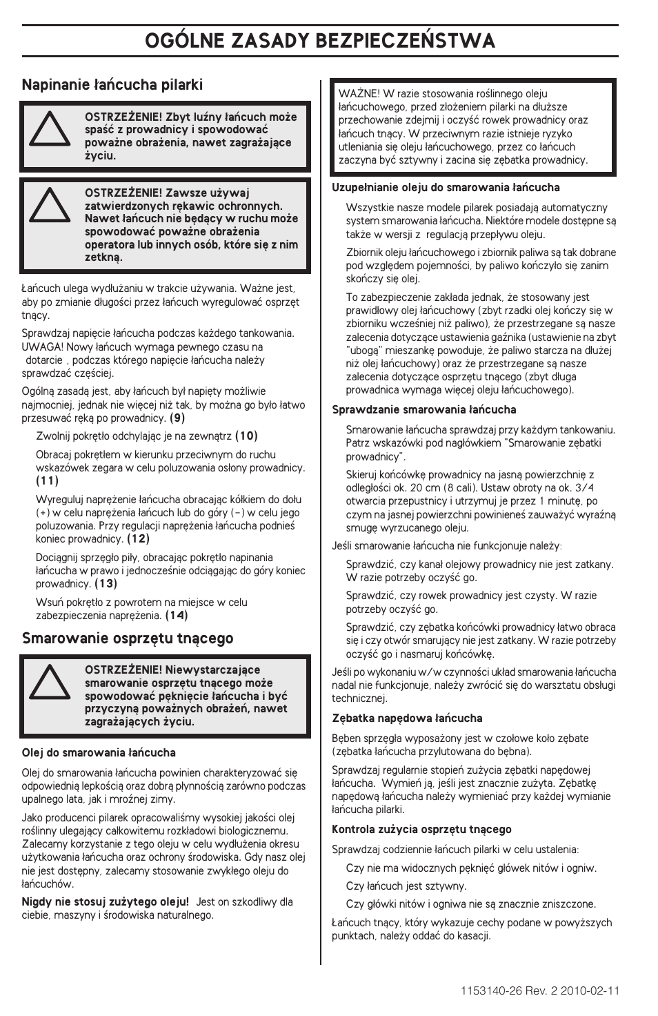 Ogólne zasady bezpiecze¡stwa | Husqvarna 240e User Manual | Page 260 / 464