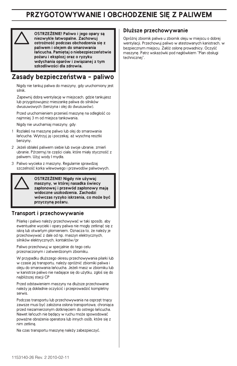 Zasady bezpieczeƒstwa - paliwo, Przygotowywanie i obchodzenie si¢ z paliwem | Husqvarna 240e User Manual | Page 263 / 464