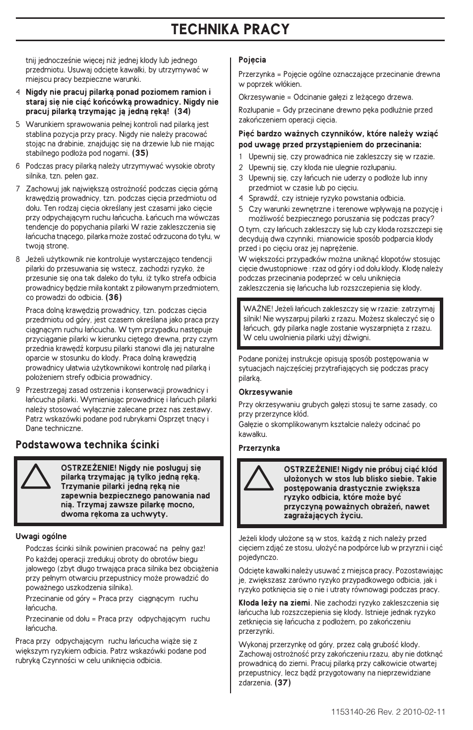 Technika pracy, Podstawowa technika êcinki | Husqvarna 240e User Manual | Page 266 / 464