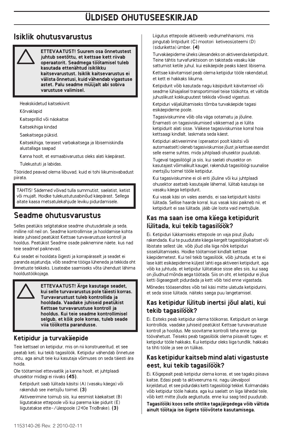 Isiklik ohutusvarustus, Seadme ohutusvarustus, Üldised ohutuseeskirjad | Husqvarna 240e User Manual | Page 277 / 464