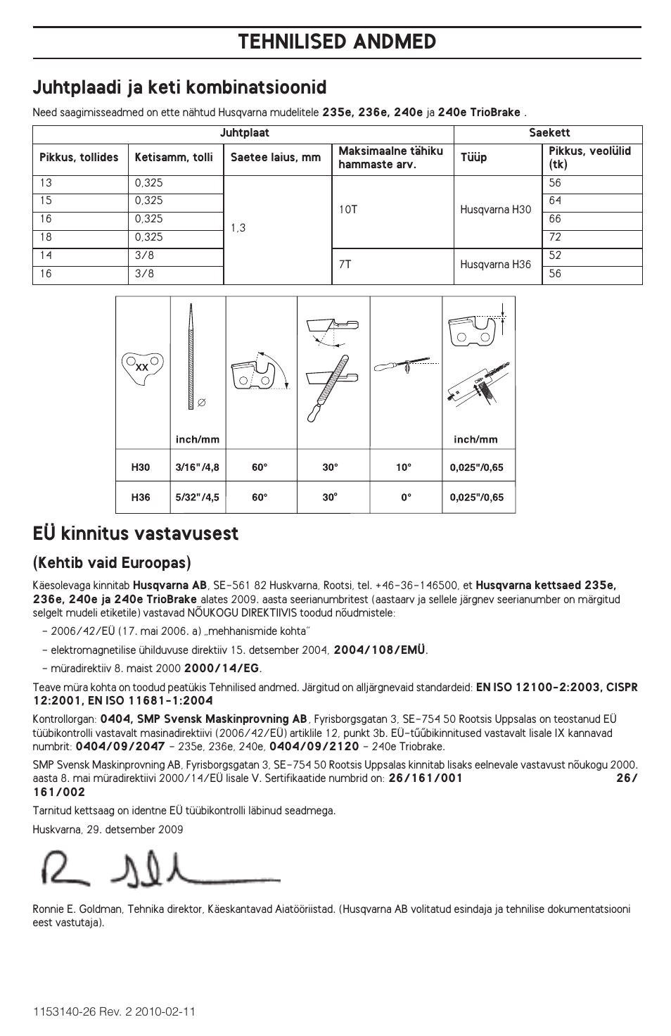 Juhtplaadi ja keti kombinatsioonid, Eü kinnitus vastavusest, Tehnilised andmed | Kehtib vaid euroopas) | Husqvarna 240e User Manual | Page 291 / 464