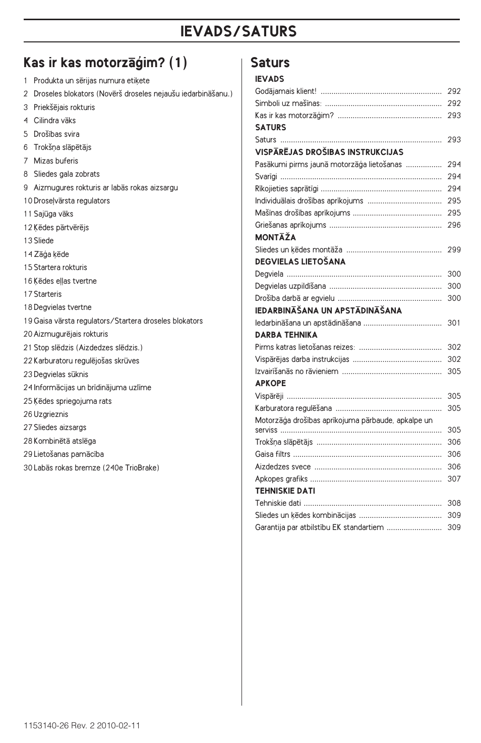 Kas ir kas motorzçæim? (1), Saturs, Ievads/saturs | Ievads | Husqvarna 240e User Manual | Page 293 / 464