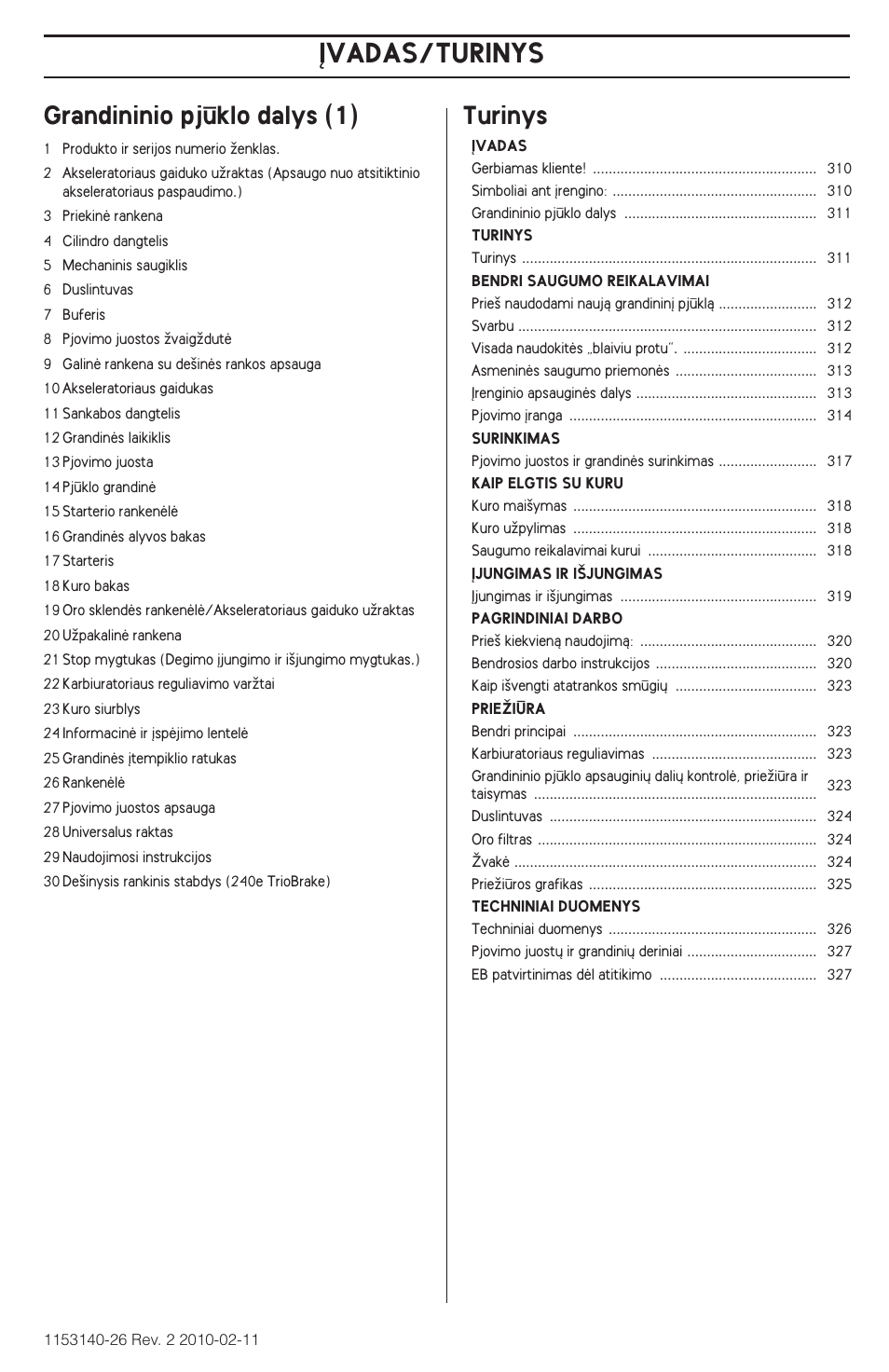 Øvadas, Øvadas/turinys, Grandininio pjklo dalys (1) | Turinys | Husqvarna 240e User Manual | Page 311 / 464