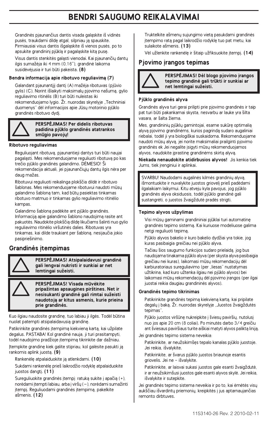 Bendri saugumo reikalavimai | Husqvarna 240e User Manual | Page 316 / 464