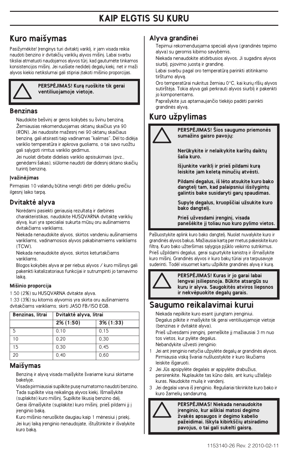 Kaip elgtis su kuru, Kuro mai‰ymas, Kuro uïpylimas | Saugumo reikalavimai kurui | Husqvarna 240e User Manual | Page 318 / 464