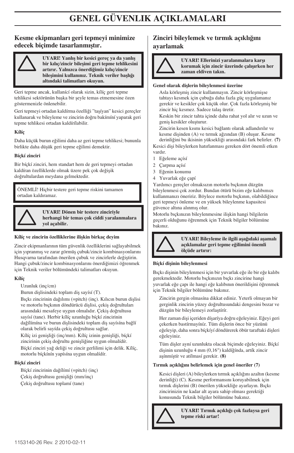 Genel güvenlik açiklamalari | Husqvarna 240e User Manual | Page 433 / 464