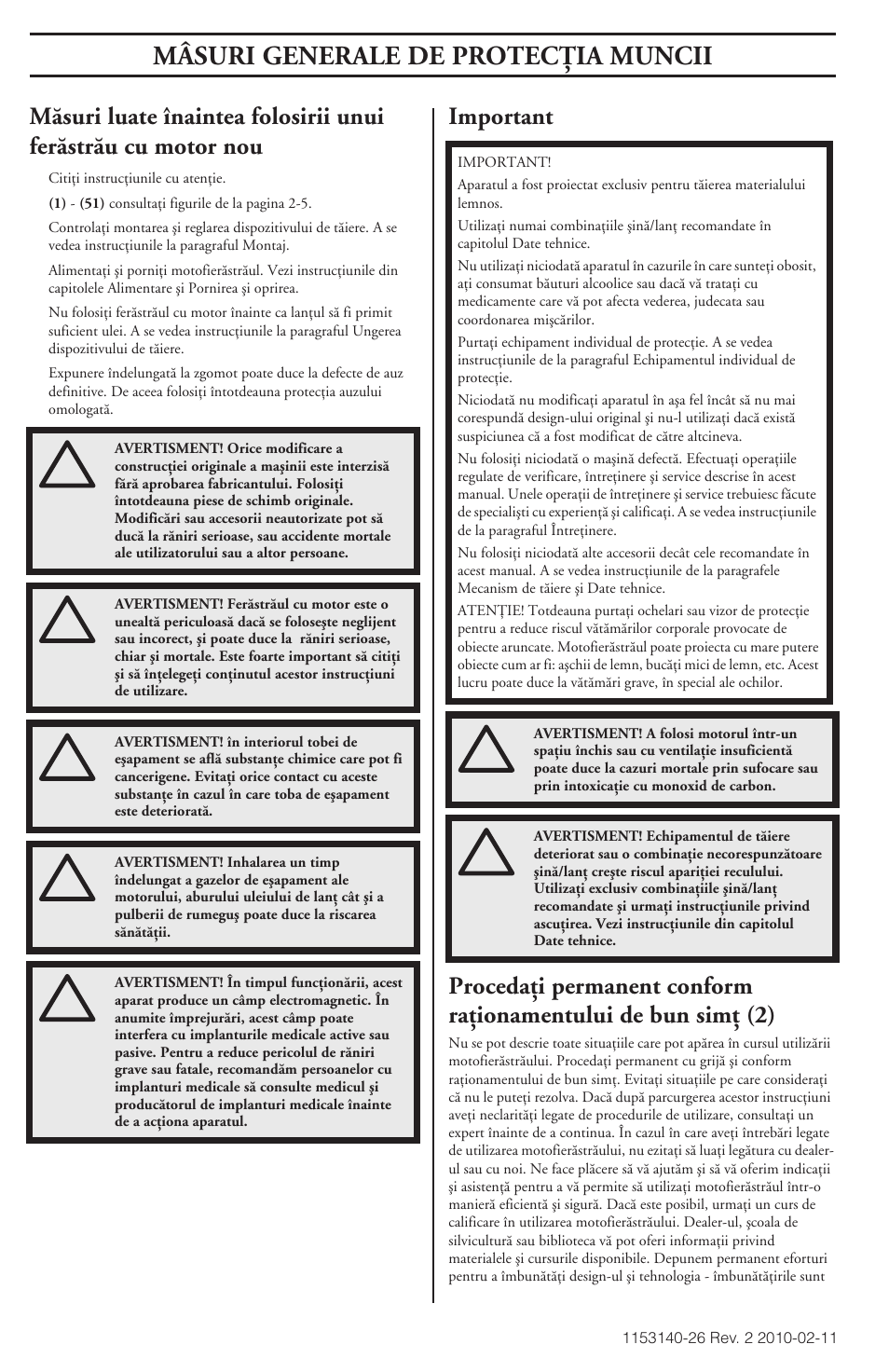 Important, Mâsuri generale de protecöia muncii | Husqvarna 240e User Manual | Page 448 / 464