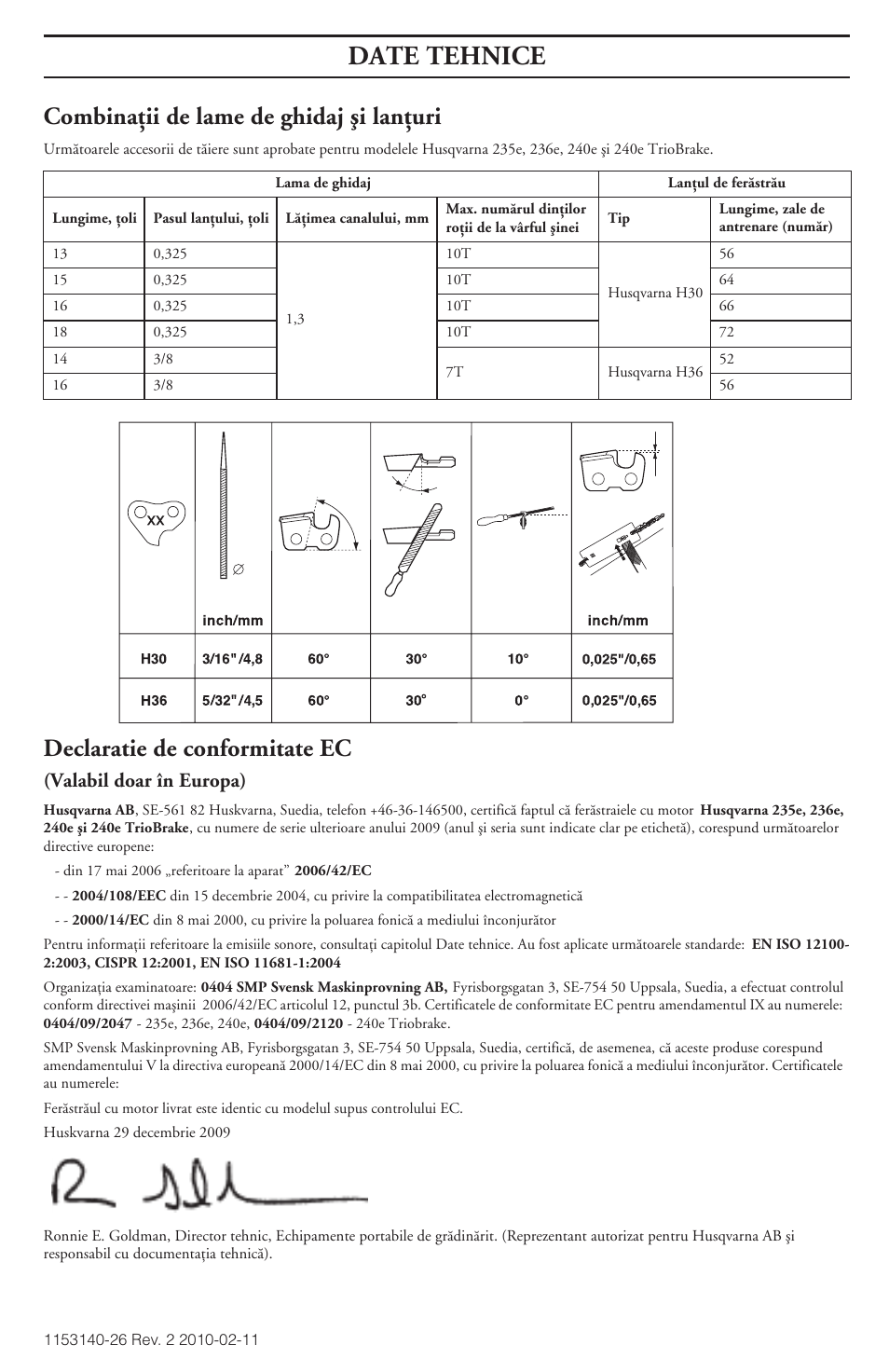 Combinaöii de lame de ghidaj äi lanöuri, Declaratie de conformitate ec, Date tehnice | Valabil doar în europa) | Husqvarna 240e User Manual | Page 463 / 464