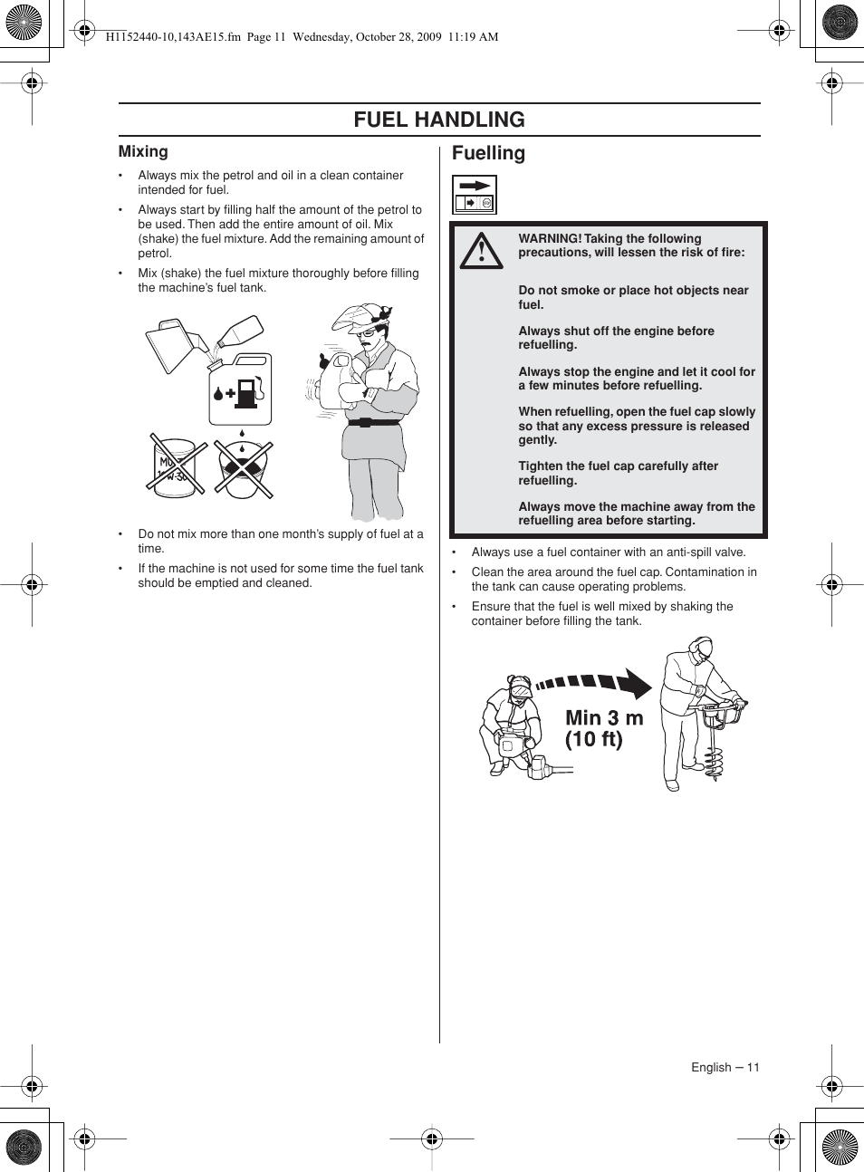 Mixing, Fuelling, Fuel handling | Husqvarna 143AE15 User Manual | Page 11 / 76